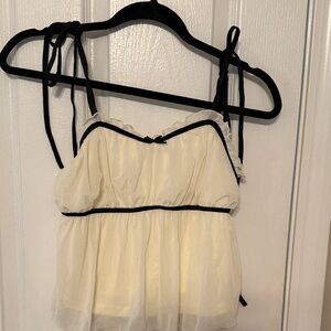 Cream Ruffle Babydoll Crop Top with Black Trim